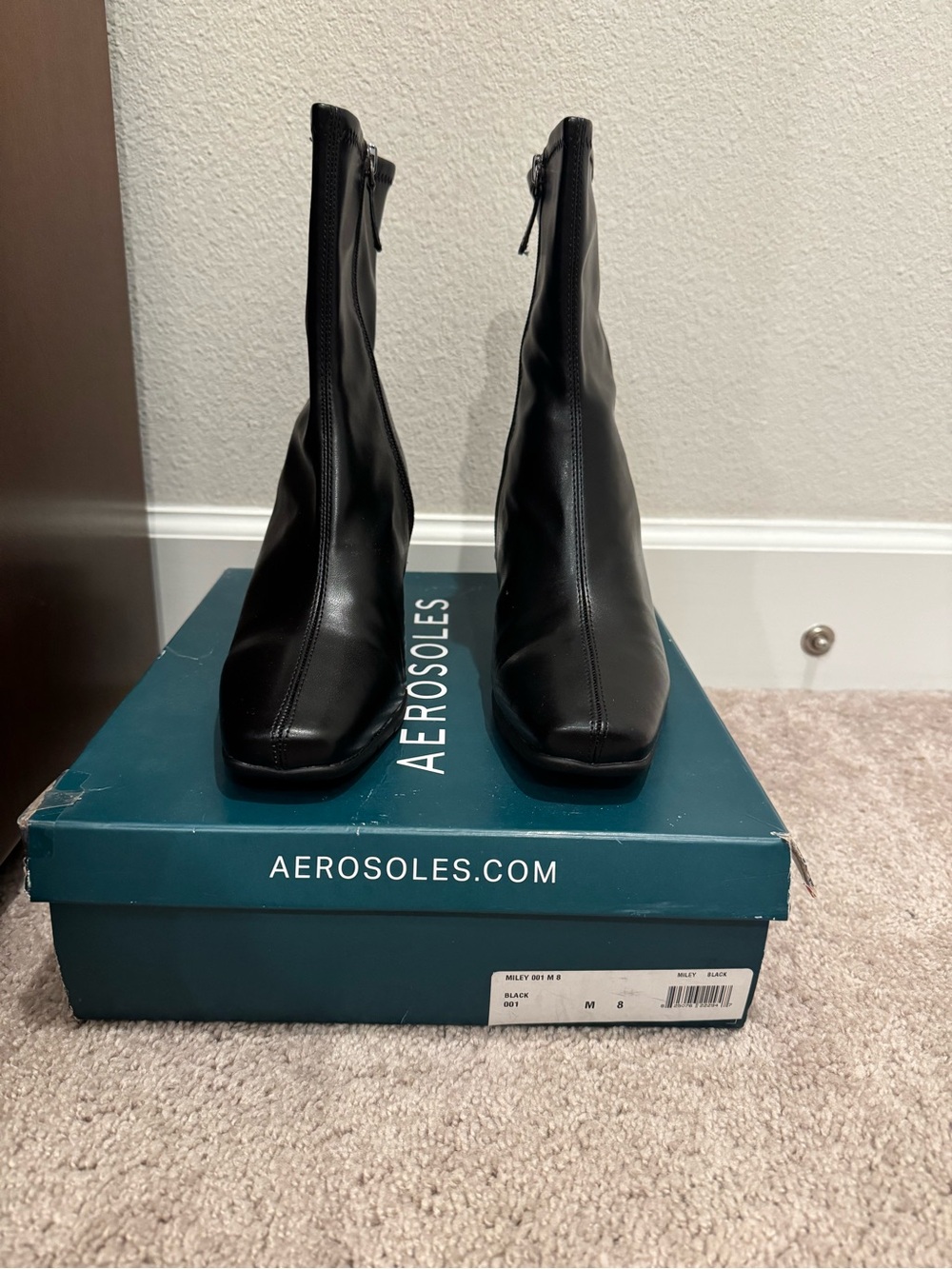 AEROSOLES Black Mid-Calf Square Toe Block Heel Boots - Picture 4 of 6